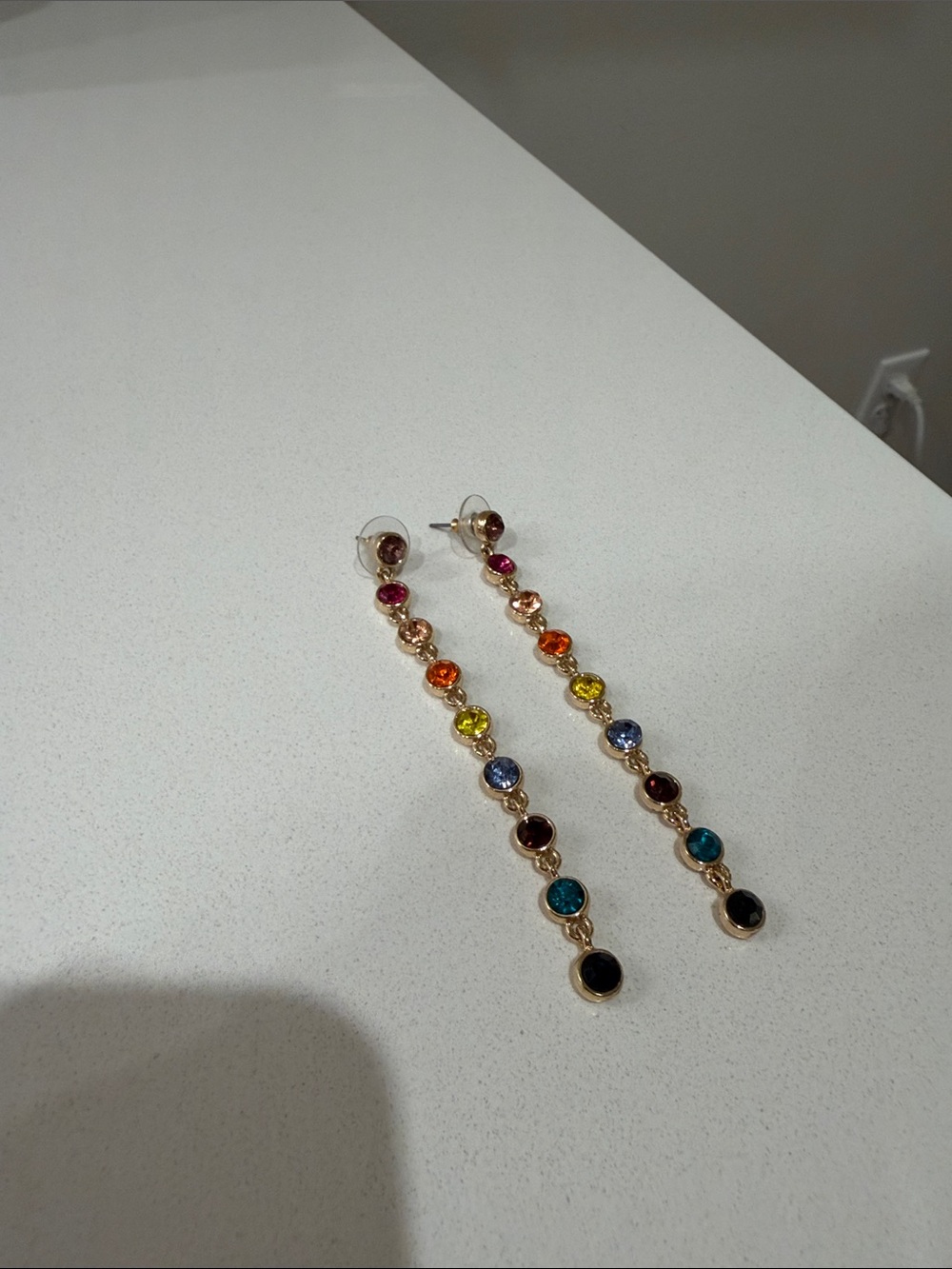 Amber Sceats Rainbow Crystal Long Drop Earrings Gold Multicolor